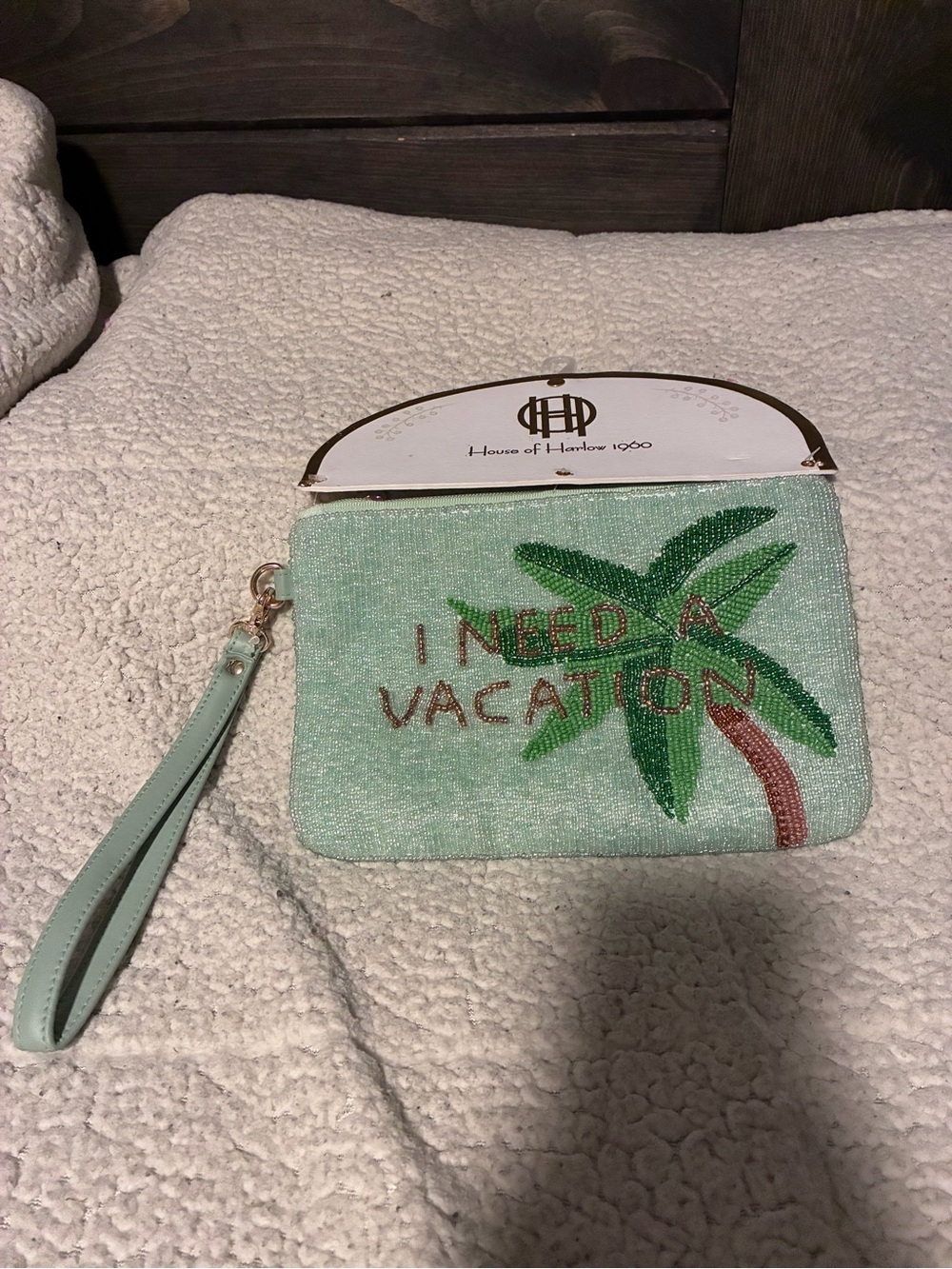 House of Harlow 1960 Green Beaded 'I Need A Vacation' Palm Wristlet, new